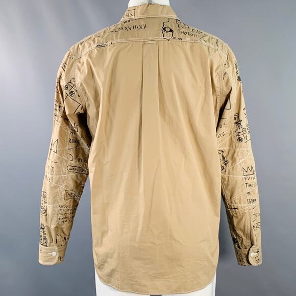 Size M Tan Black Graffiti Cotton Two Pockets Long Sleeve Shirt - Picture 6 of 13